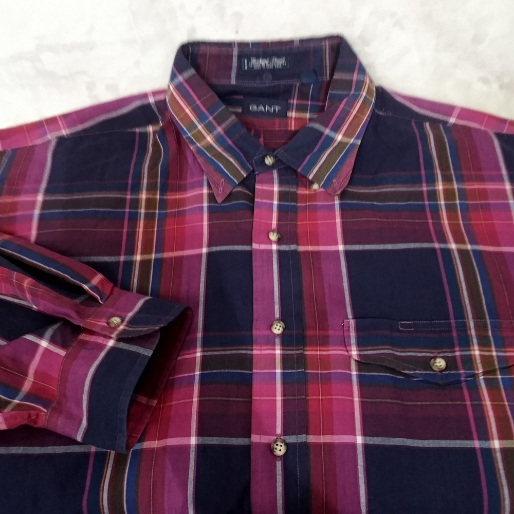 Vtg Gant Foxhunt Plaid Shirt Mens XXLT Tall Purple Magenta Button Long Sleeve